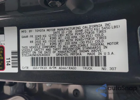 2009 Toyota Tacoma Base V6 z USA, uszkodzony, nr VIN 5TELU42N69Z640003